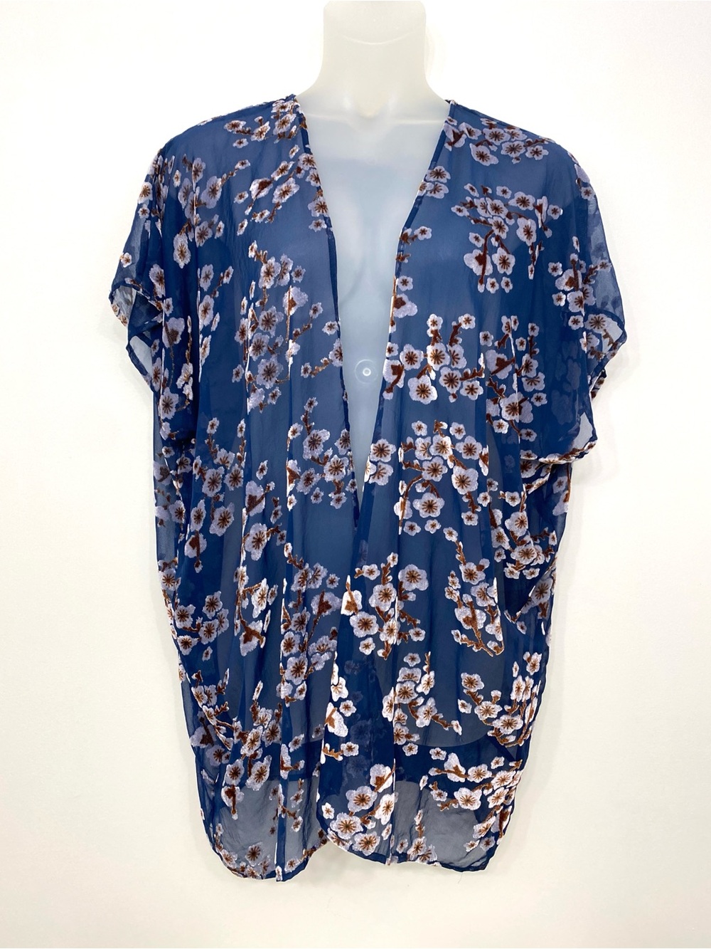Lovestitch Velvet Burnout Cherry Blossom Kimono Navy Floral Sheer OS Cover Up